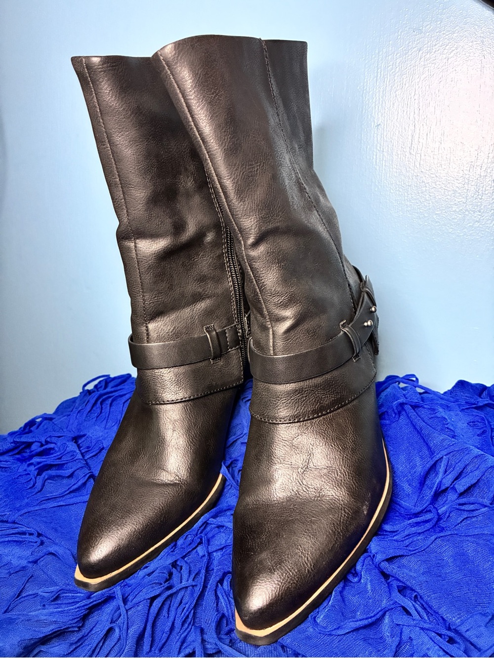 BareTraps Black Pointed-Toe Mid-Calf Heeled Boots